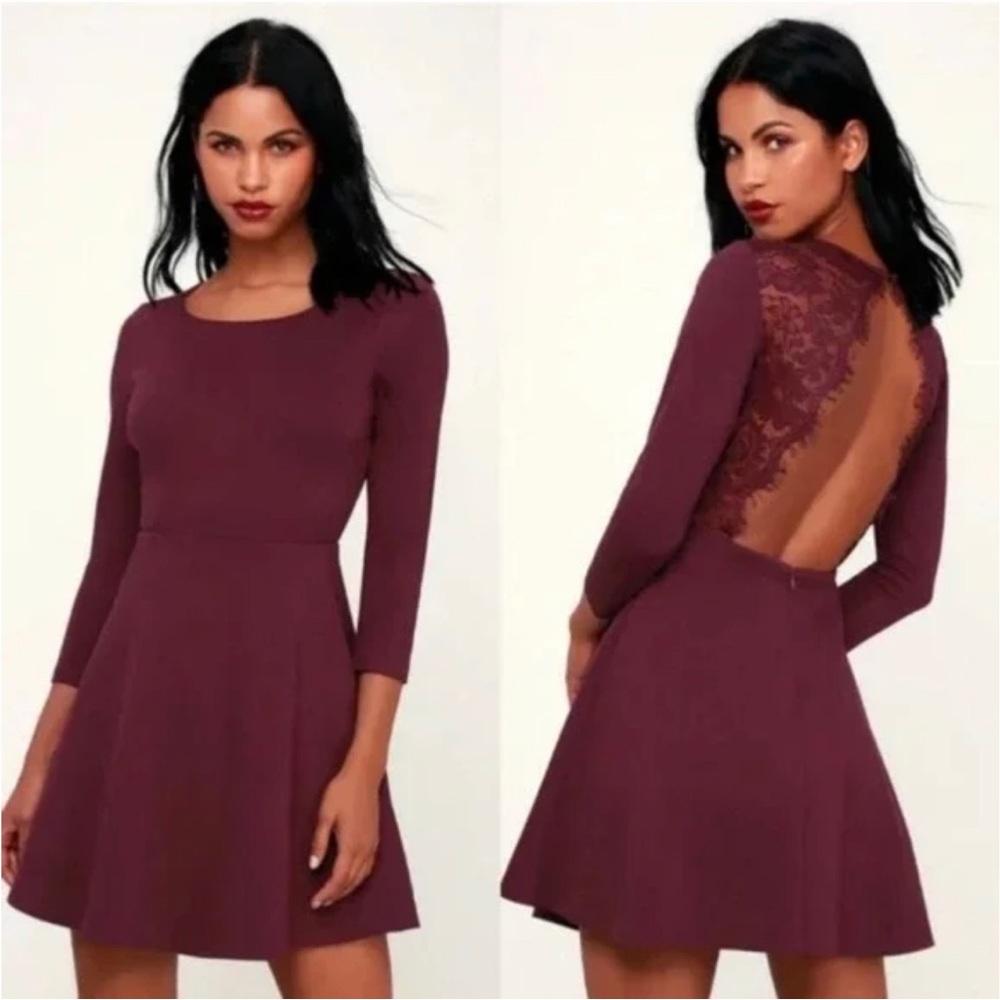 Lulu’s Felicity Backless Lace Skater Mini Dress - Plum NWT